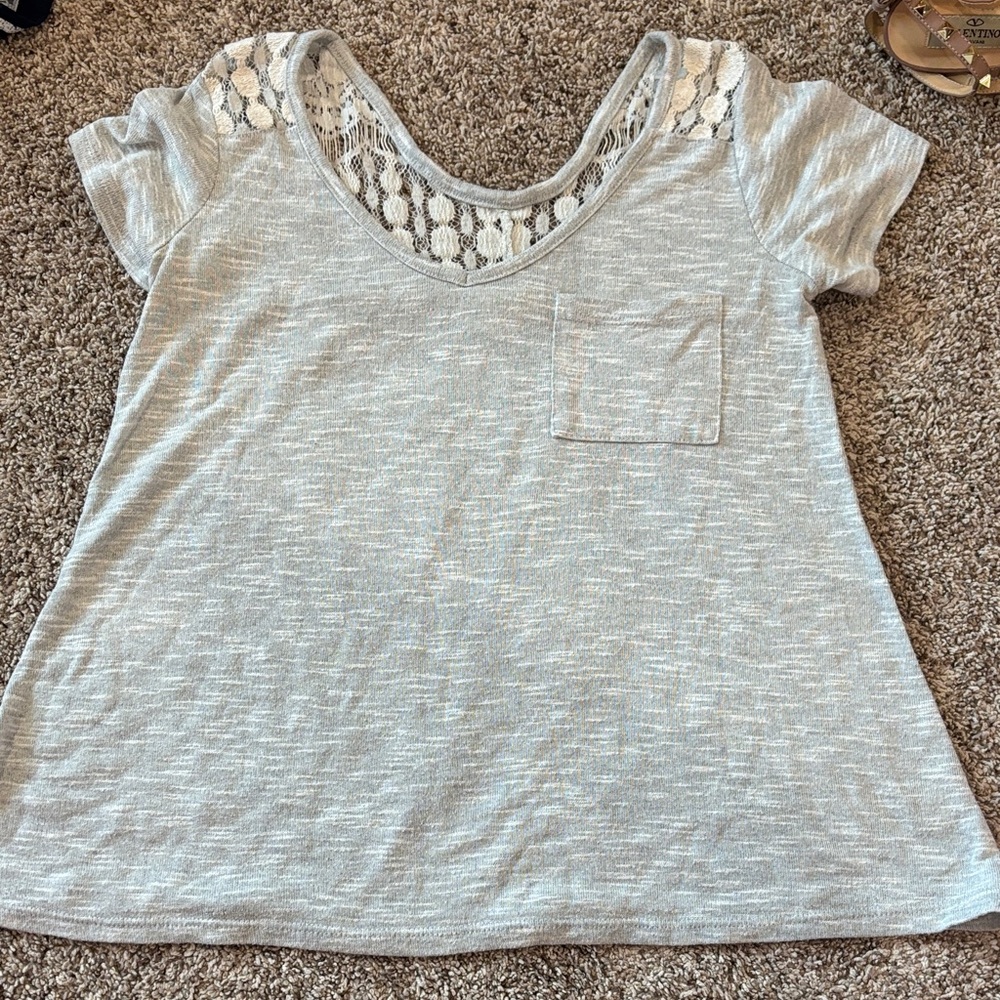 Gray Lace Accent Short Sleeve Top